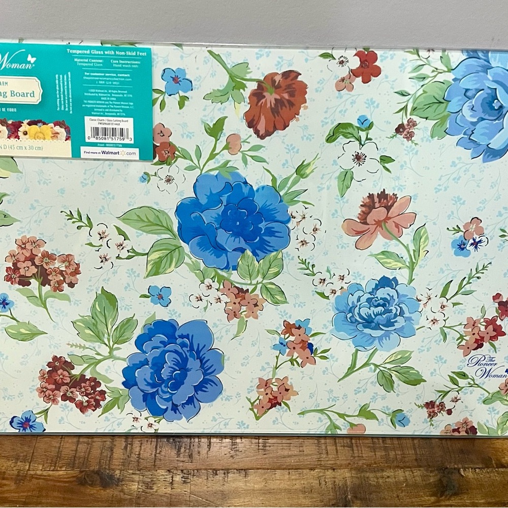 The Pioneer Woman Blue and Red Floral Glass Board